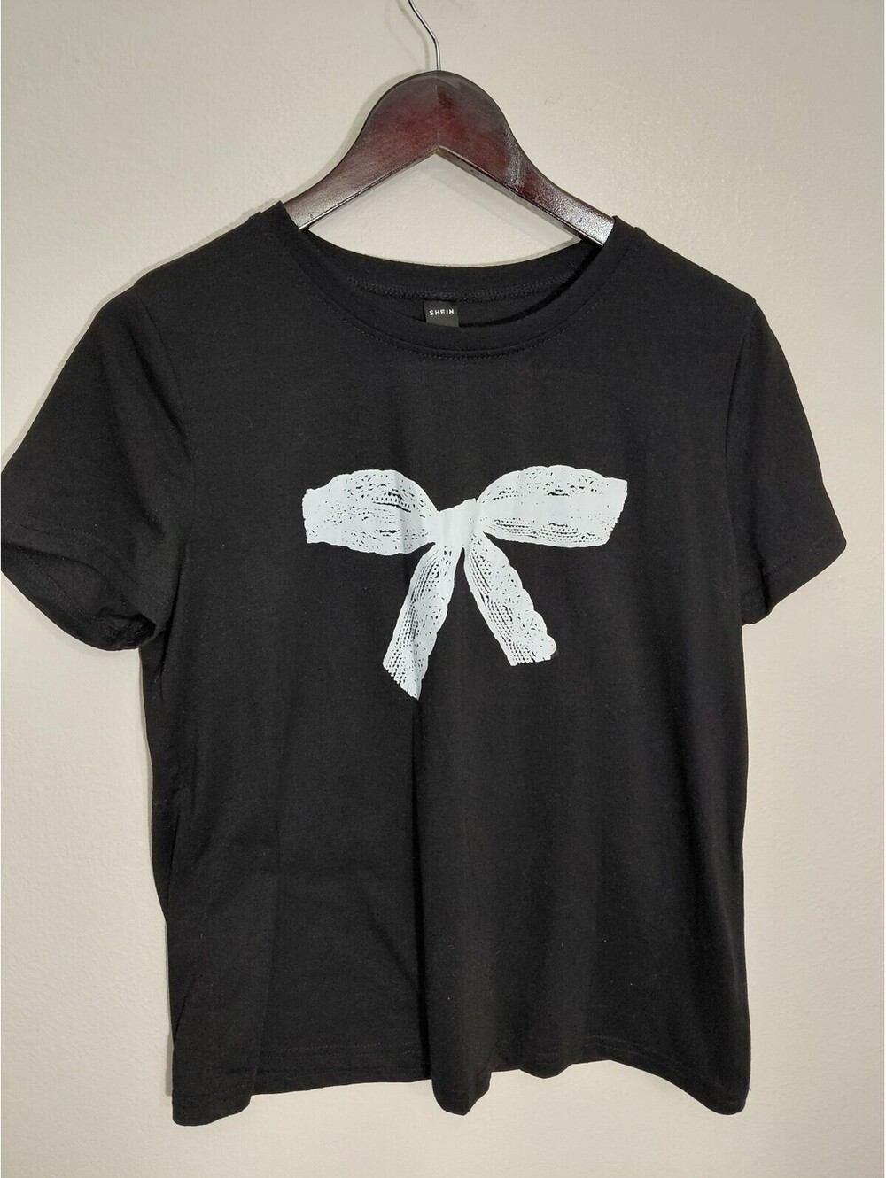 SHEIN Women's Black Short Sleeve T-Shirt with White Bow Print, Size M